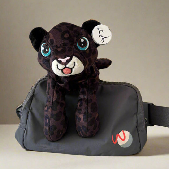 plush black leopard and charcoal grey adaptable fanny bag