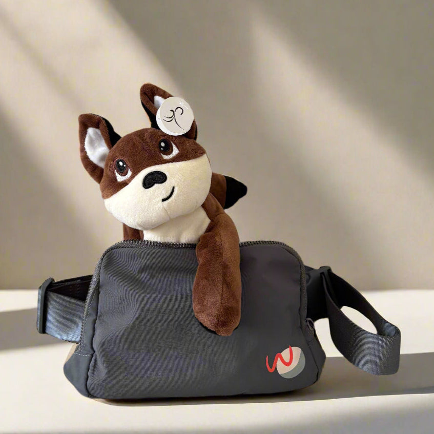 plush fox toy and adaptive charcoal grey fanny bag