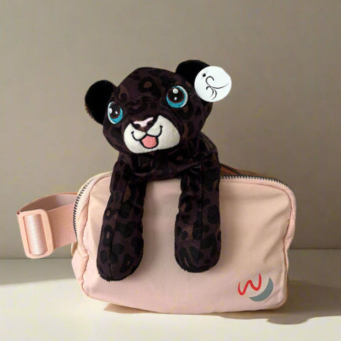 black leopard plush toy in coral pink adaptive fanny bag