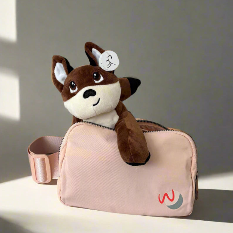 plush fox toy and coral pink adaptive fanny bag