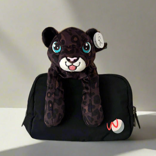 plush weighted black leopard in black adaptive fanny bag