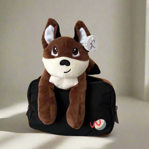 plush fox toy and  black adaptive fanny bag