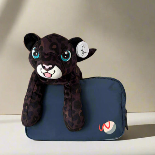 plush black leopard and navy blue adaptable fanny bag