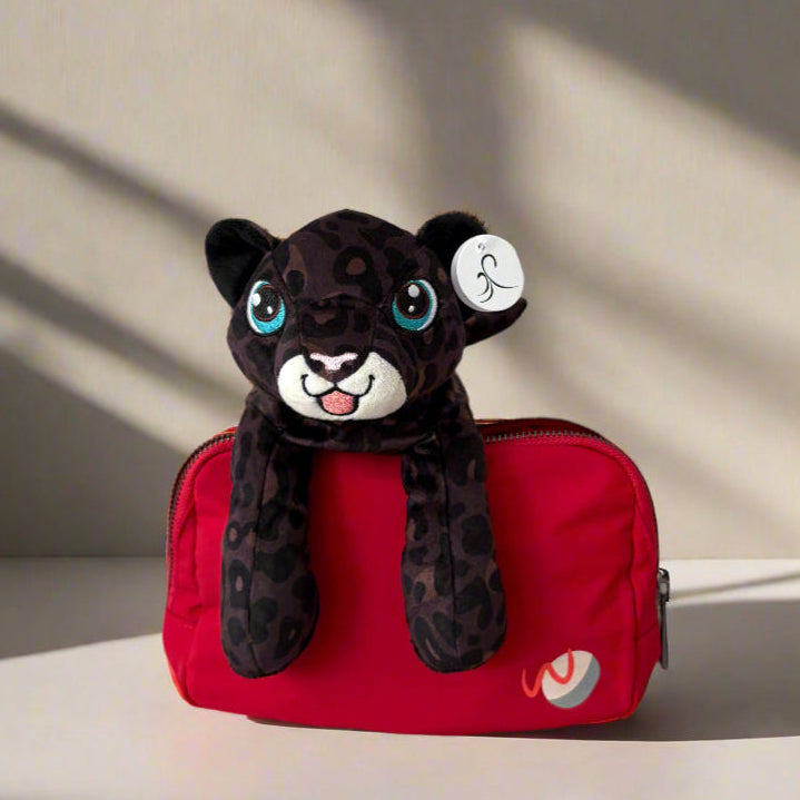 plush black leopard and red adaptive fanny bag