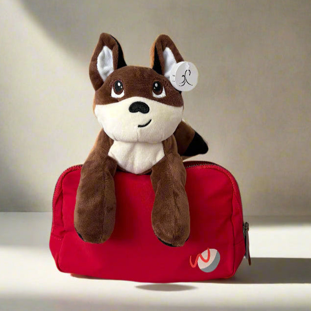 plush fox toy and red adaptive fanny bag