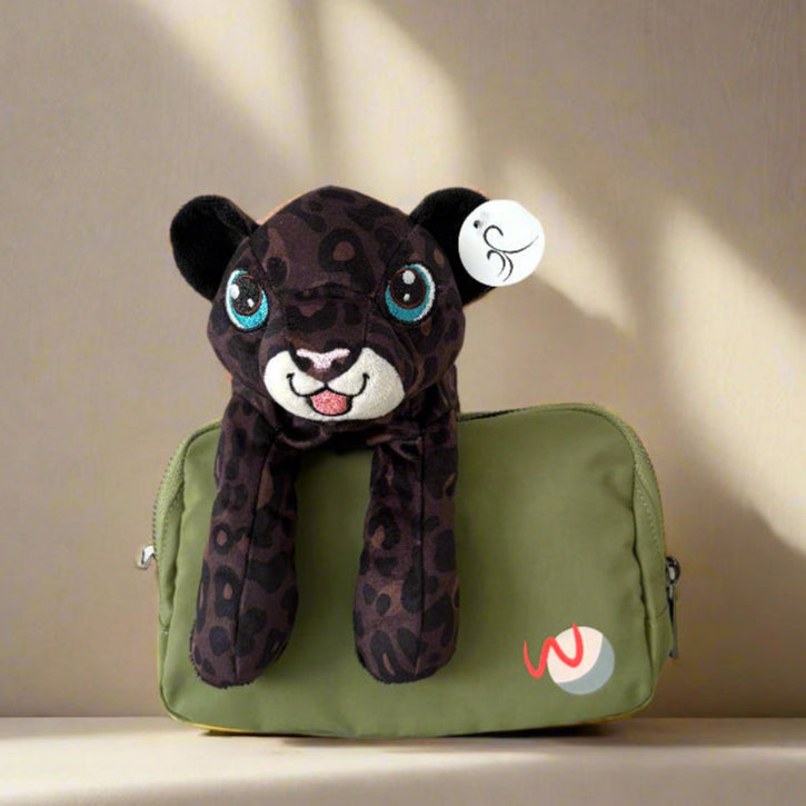 plush black leopard and green adaptable fanny bag