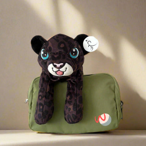 plush black leopard and green adaptable fanny bag