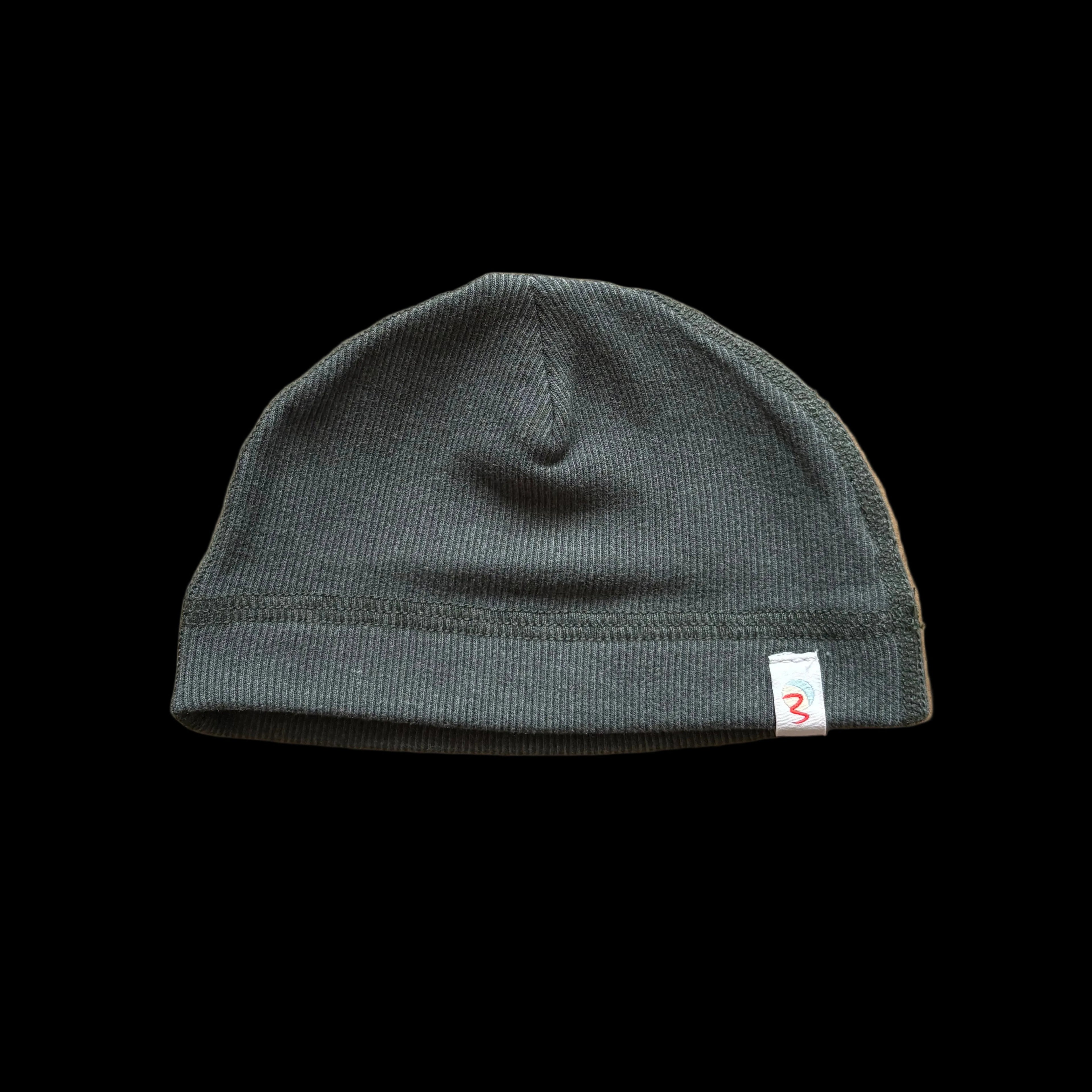 Forest green beanie with a small logo on a black background