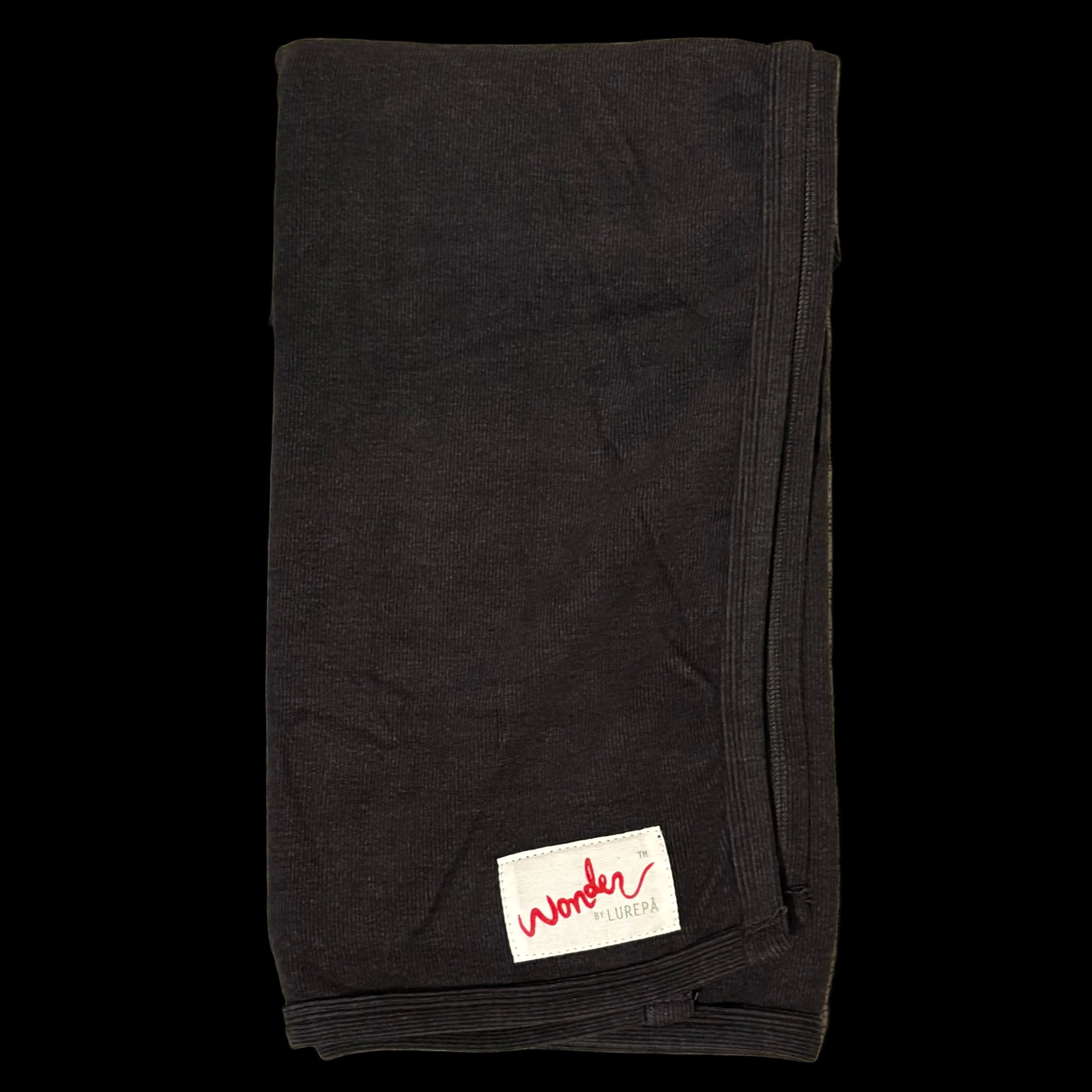 Folded dark grey blanket with a brand label
