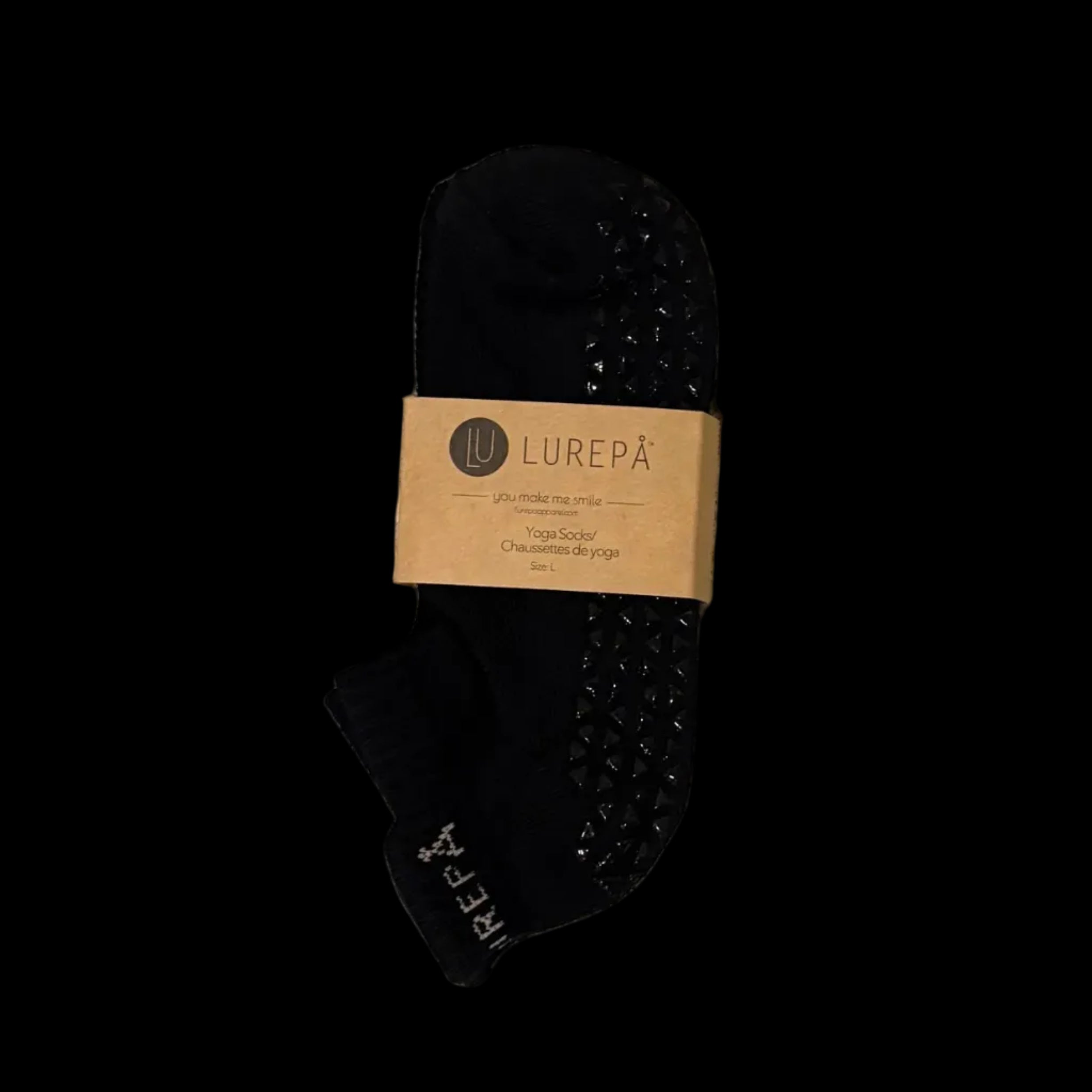 Black yoga sock with brand label 