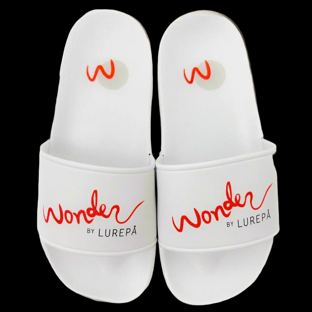 White slides with red text 'Wonder by Lurepa' on a black background