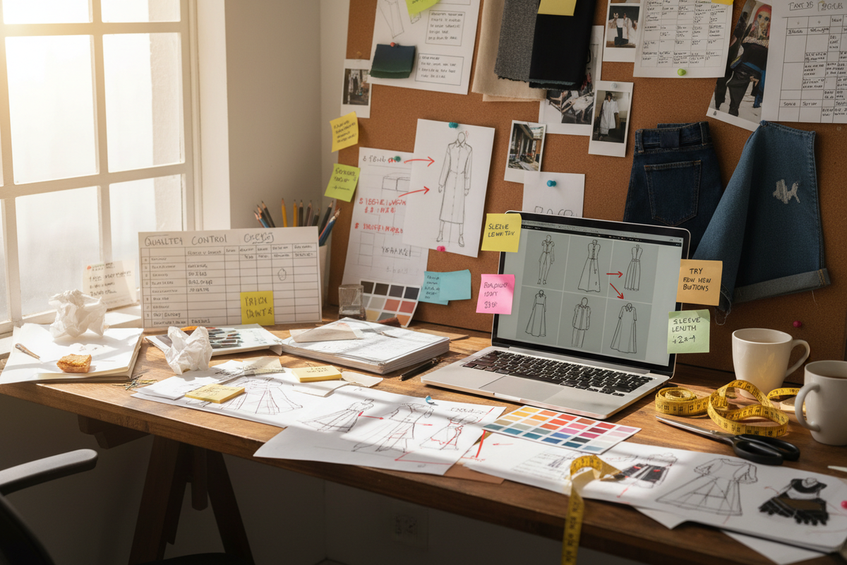 Behind-the-scenes imagery: notes, feedback cards, refinement process.