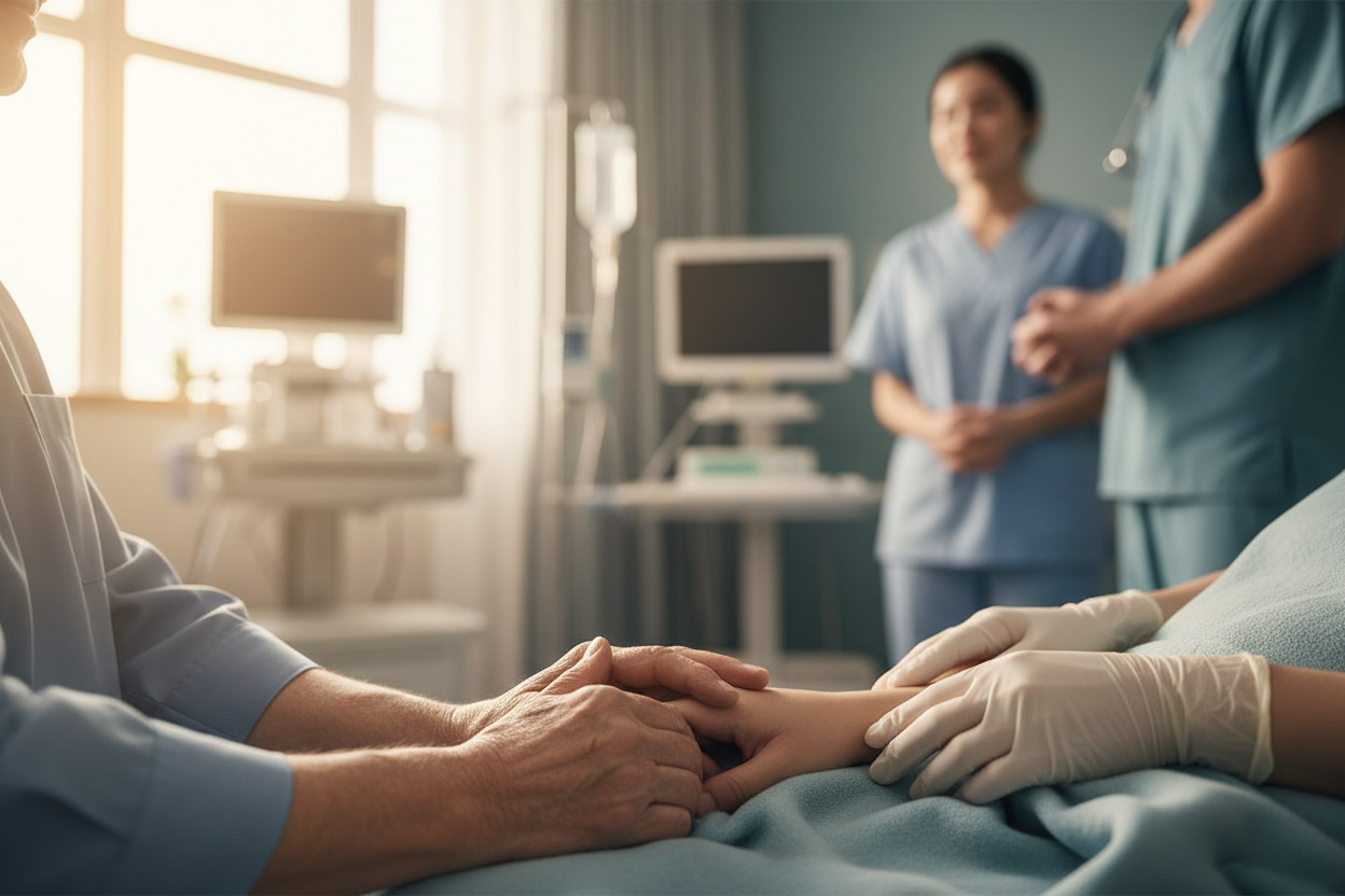 Full-width image of a hospital or care setting, softly lit, human-focused (hands, movement, connection — not faces).