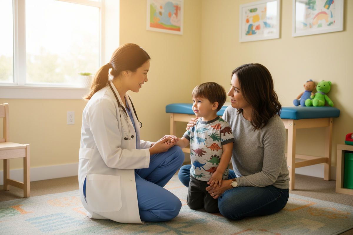 Warm image showing a clinician connecting with a pediatric patient or family — focused on reassurance and care.